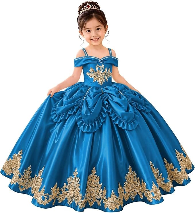 Blue / 18m Sunnypetal Elegant Golden Satin Princess Flower Girl Dress with Bow