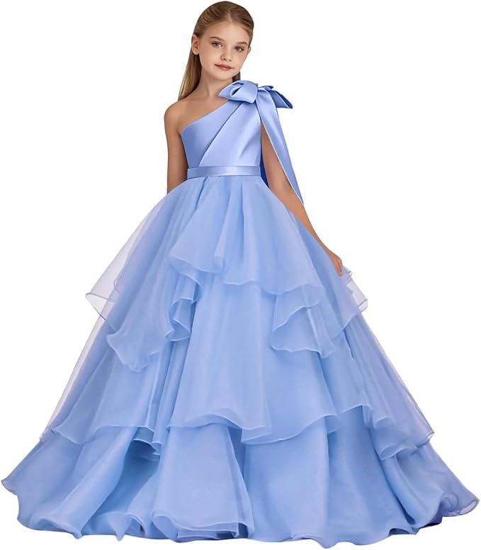 Blue / 18m Sunnypetal Elegant One-Shoulder Satin Tulle Flower Girl Pageant Dress for Special Occasions