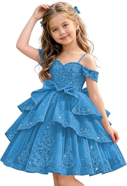 Blue / 18m Sunnypetal Elegant Sweetheart Lace Applique Princess Bow Flower Girl Pageant Dress