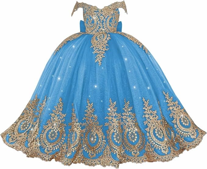 Blue / 18m Sunnypetal Exquisite Gold Appliqué Off-Shoulder Princess Flower Girl Dress with Bow