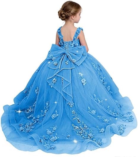 Blue / 18m Sunnypetal Exquisite Off-Shoulder 3D Floral Glitter Tulle Ball Gown Flower Girl Dress with Bow