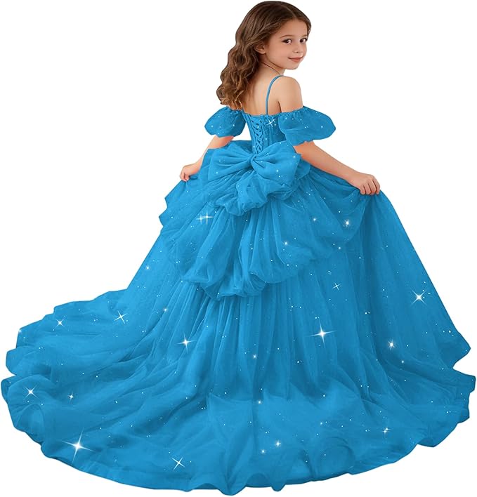 Blue / 18m Sunnypetal Girls Spaghetti Strap Glitter Tulle Ball Gown with Lace Appliqués &amp; Bow