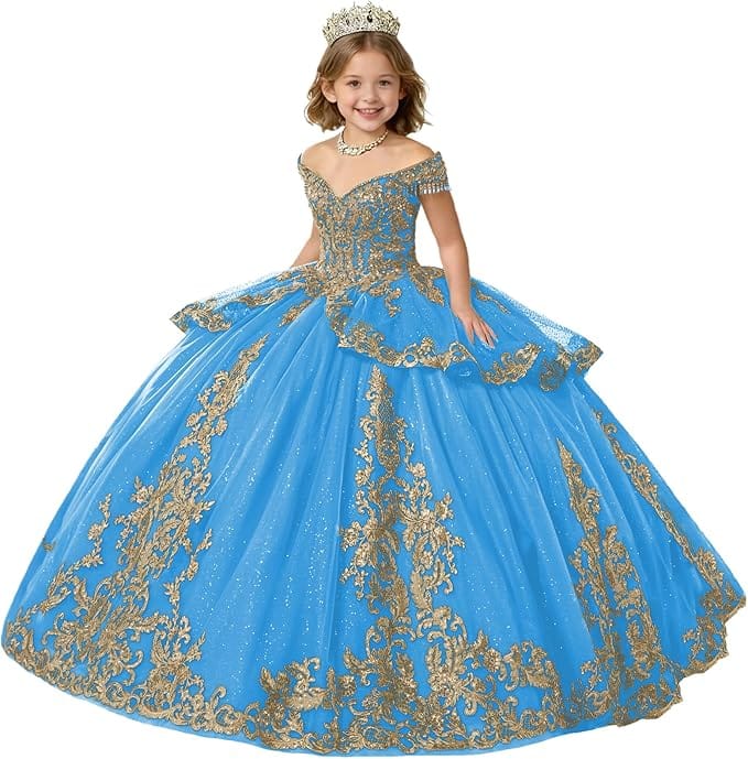 Blue / 18m Sunnypetal Gold Applique Off Shoulder Flower Girl Dress with Tassels Crystal &amp; Bow
