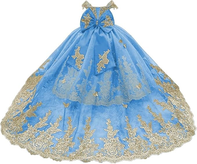 Blue / 18m Sunnypetal Gorgeous Off-Shoulder Sweetheart Tulle Flower Girl Dress with Gold Embroidery