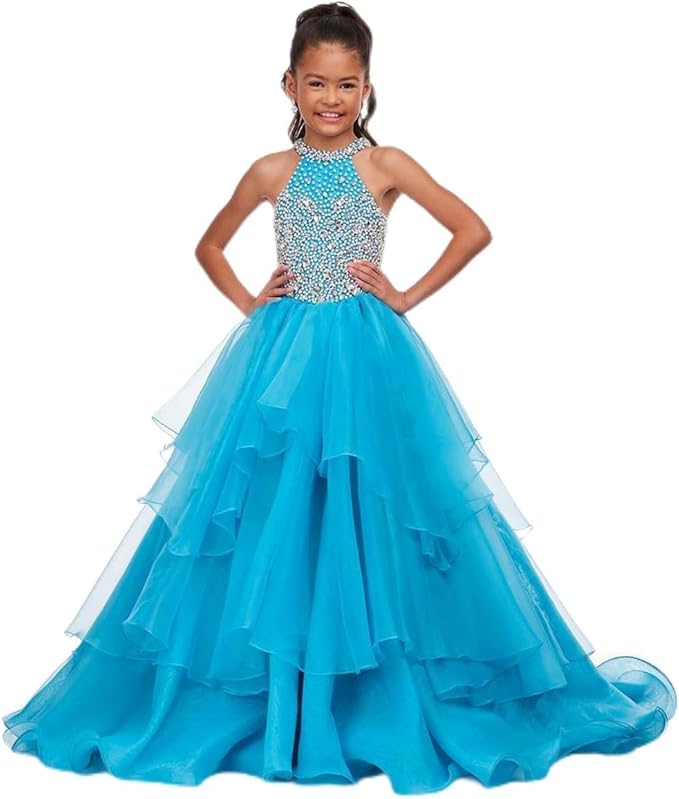 Blue / 18m Sunnypetal Layered Organza Princess Ball Gown Flower Girl Dress for Pageant &amp; Party
