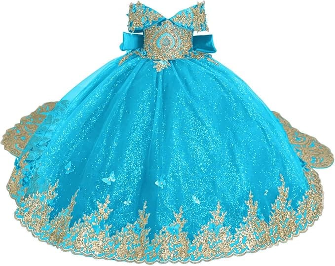 Blue / 18m Sunnypetal Luxury Emerald Green Lace Appliqué Tulle Ball Gown Flower Girl Dress with Royal Train