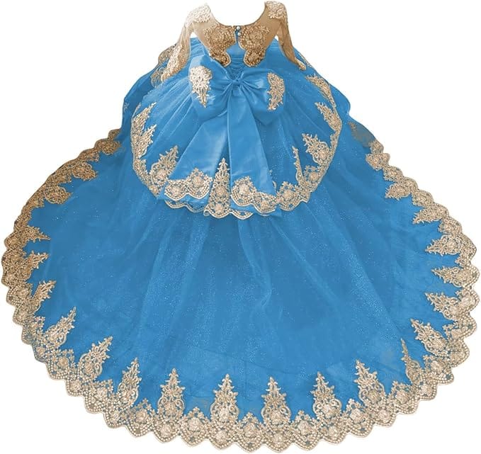 Blue / 18m Sunnypetal Luxury Gold Lace Appliqué Tulle Ball Gown Flower Girl Dress with Royal Train