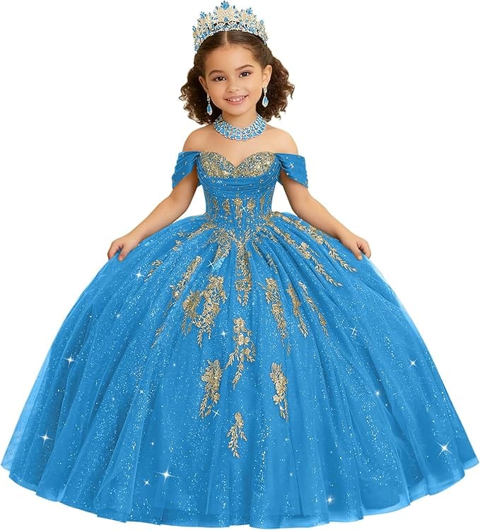 Blue / 18m Sunnypetal Luxury Off-Shoulder Gold Lace Applique Princess Flower Girl Ball Gown Dress