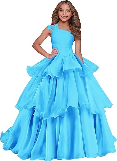 Blue / 18m Sunnypetal Luxury One-Shoulder Puffy Organza Flower Girl Dress Princess Pageant Gown