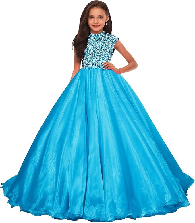 Blue / 18m Sunnypetal Sparkling Hot Pink Ball Gown Flower Girl Dress with Rhinestones Beaded Bodice