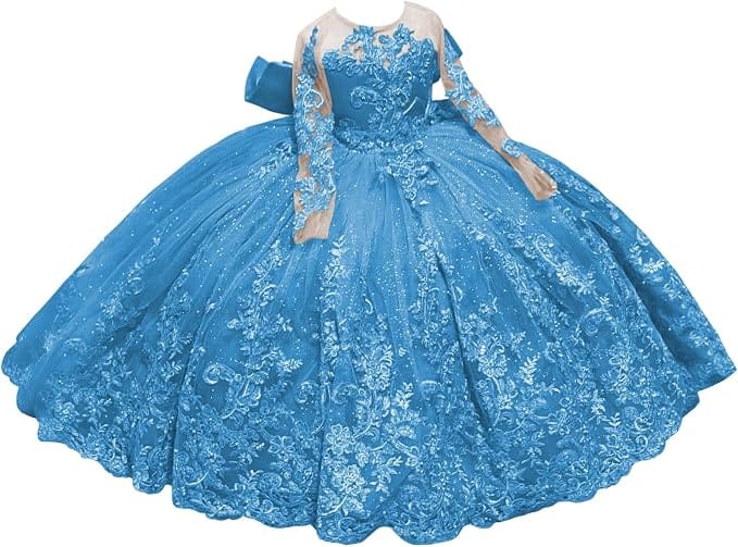 Blue / 18m Sunnypetal Sparkling Long Sleeve Lace Tulle Flower Girl Dress with Glitter Appliqué &amp; Bow