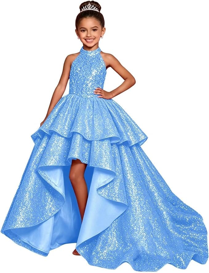 Blue / 18m Sunnypetal Sparkly Sequin Halter High Low Flower Girl Dress Pageant Gown