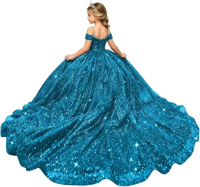 Blue / 18m Sunnypetal Sparkly Sequin Off-Shoulder Princess Ball Gown Flower Girl Dress for Pageant