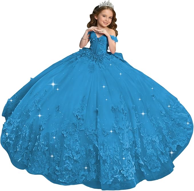 Blue / 18m Sunnypetal Sweetheart Neck 3D Butterfly Tulle Flower Girl Dress with Big Bow