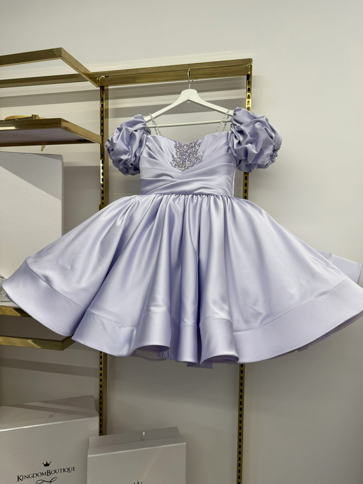 Blue / 3m Sunnypetal Adorable Puff Sleeves Satin Flower Girl Dress Sage Green Knee-Length Ball-Gown for Kids