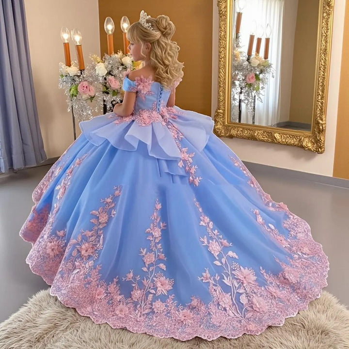 Blue / 3m Sunnypetal Blue Princess Floral Embroidery Flower Girl Dress