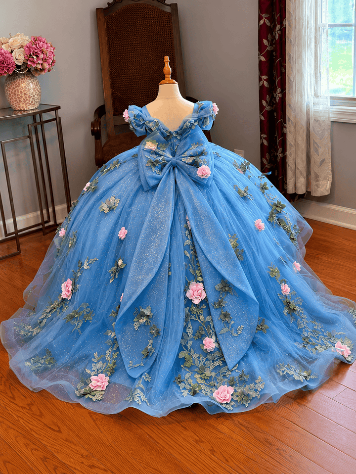 Blue / 9m Sunnypetal Exquisite Floral Appliqué Tulle Ball Gown Flower Girl Dress with Oversized Bow