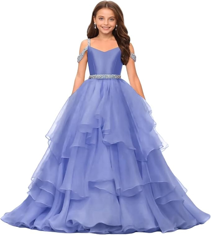 Blue / 9m Sunnypetal Off-Shoulder Sweetheart Puffy Tulle Flower Girl Dress with Beaded Details