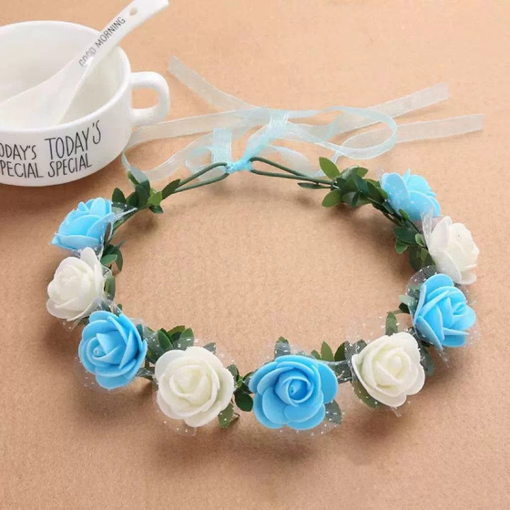 Blue and Off White Sunnypetal Girl Flower Headpiece Bohemian Lace Foam Headband for Wedding Party Birthday