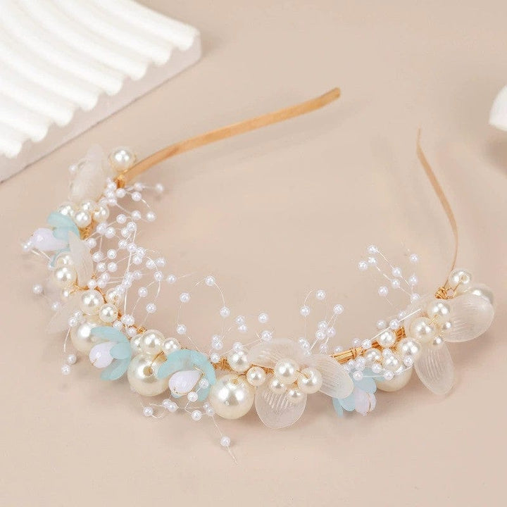 Blue Sunnypetal Children's hHairband Pearl Flower Headband Hand-Woven Headdress