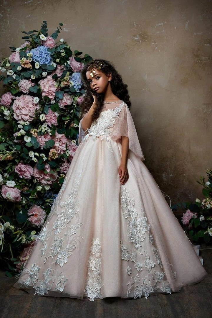 Blush / 3m Sunnypetal Elegant Cape Sleeves Lace Appliqué Tulle Flower Girl Dress Communion Gown
