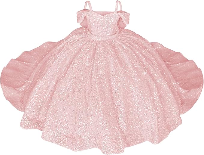 Blush Pink / 18m Sparkly Off-Shoulder Sequin Flower Girl Pageant Dress Princess Ball Gown with Bow