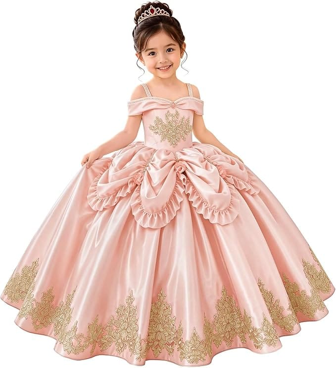 Blush Pink / 18m Sunnypetal Elegant Golden Satin Princess Flower Girl Dress with Bow