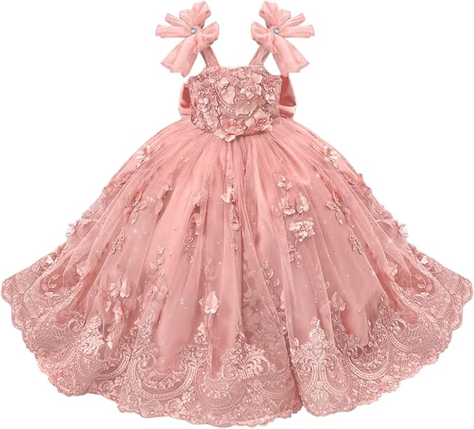 Blush Pink / 18m Sunnypetal Enchanted Mint Green Tulle Ball Gown Flower Girl Dress with 3D Floral Appliqués