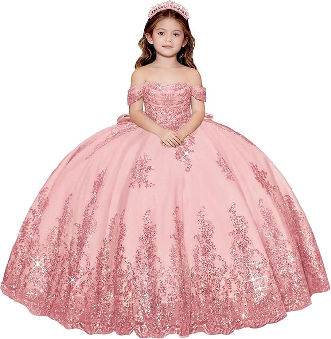 Blush Pink / 18m Sunnypetal Enchanted Off-Shoulder Tulle Ball Gown Flower Girl Dress with Lace Appliqués