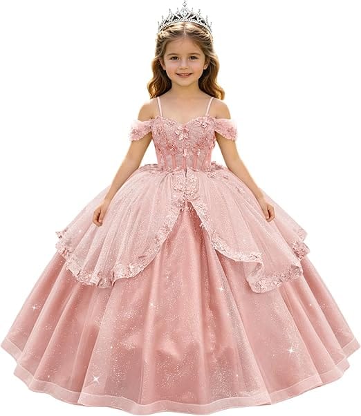 Blush Pink / 18m SunnyPetal Enchanted Sage Green Off-Shoulder Lace Appliqué Tulle Flower Girl Gown