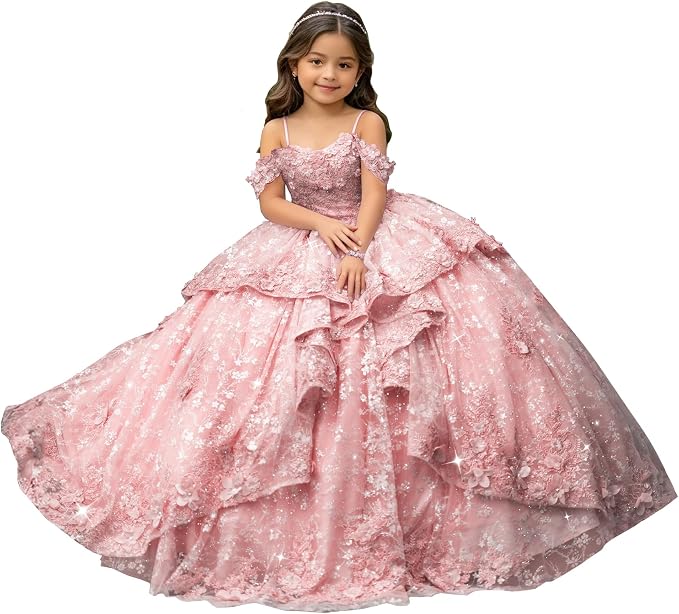 Blush Pink / 18m Sunnypetal Exquisite Off-Shoulder 3D Floral Appliqué Pageant Flower Girl Gown