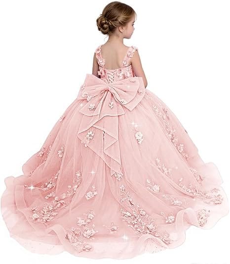 Blush Pink / 18m Sunnypetal Exquisite Off-Shoulder 3D Floral Glitter Tulle Ball Gown Flower Girl Dress with Bow