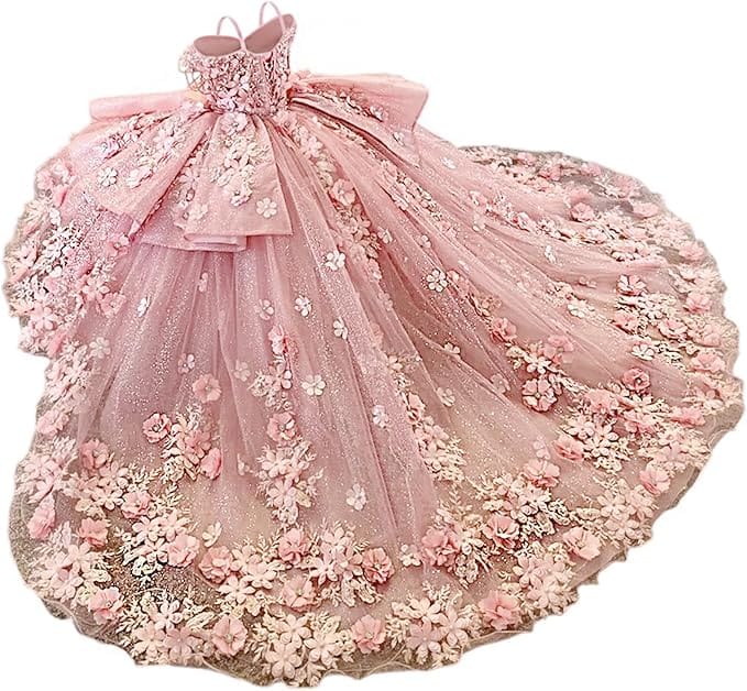 Blush Pink / 18m Sunnypetal Exquisite Tulle Off-Shoulder Flower Girl Dress Pageant Gown with 3D Floral Appliqués