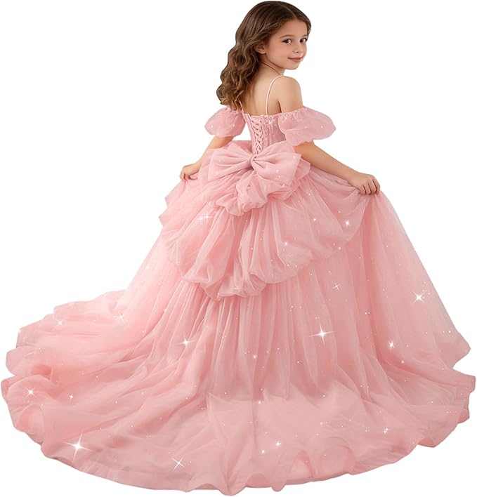 Blush Pink / 18m Sunnypetal Girls Spaghetti Strap Glitter Tulle Ball Gown with Lace Appliqués &amp; Bow