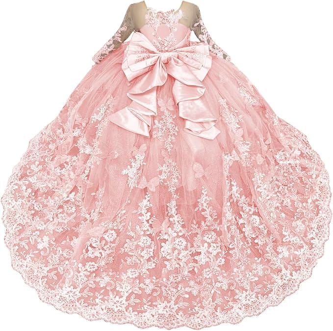Blush Pink / 18m Sunnypetal Lace Long Sleeve Ball Gown Flower Girl Dress with 3D Butterflies and Satin Bow