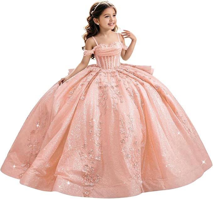 Blush Pink / 18m Sunnypetal Luxury Glitter Tulle Off-Shoulder Ball Gown Flower Girl Dress with Train