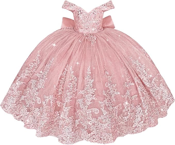 Blush Pink / 18m Sunnypetal Off Shoulder Sweetheart Lace Tulle Flower Girl Pageant Dress with Bow