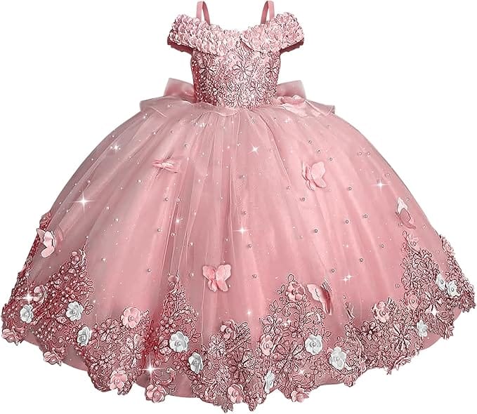 Blush Pink / 18m Sunnypetal Off-the-Shoulder Lace Appliqué Tulle Flower Girl Ball Gown with 3D Butterfly
