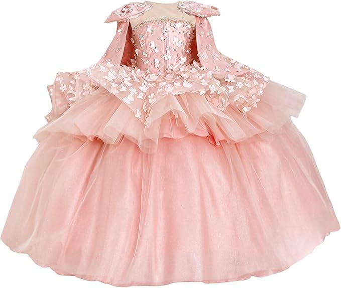 Blush Pink / 18m Sunnypetal Princess Pink Tulle Ball Gown Flower Girl Dress with Butterfly Appliqués and Cape