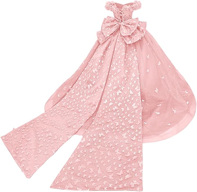 Blush Pink / 18m Sunnypetal Princess Purple Tulle Ball Gown Flower Girl Dress with Butterfly Appliqués and Bow