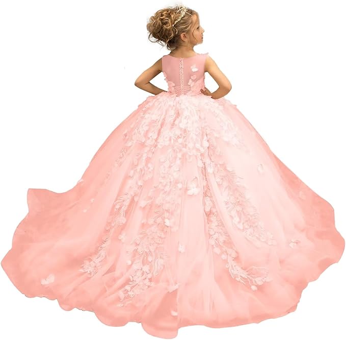 Blush Pink / 18m Sunnypetal Puffy Tulle Flower Girl Dress Appliques 3D Butterfly Pageant Party Princess Dresses