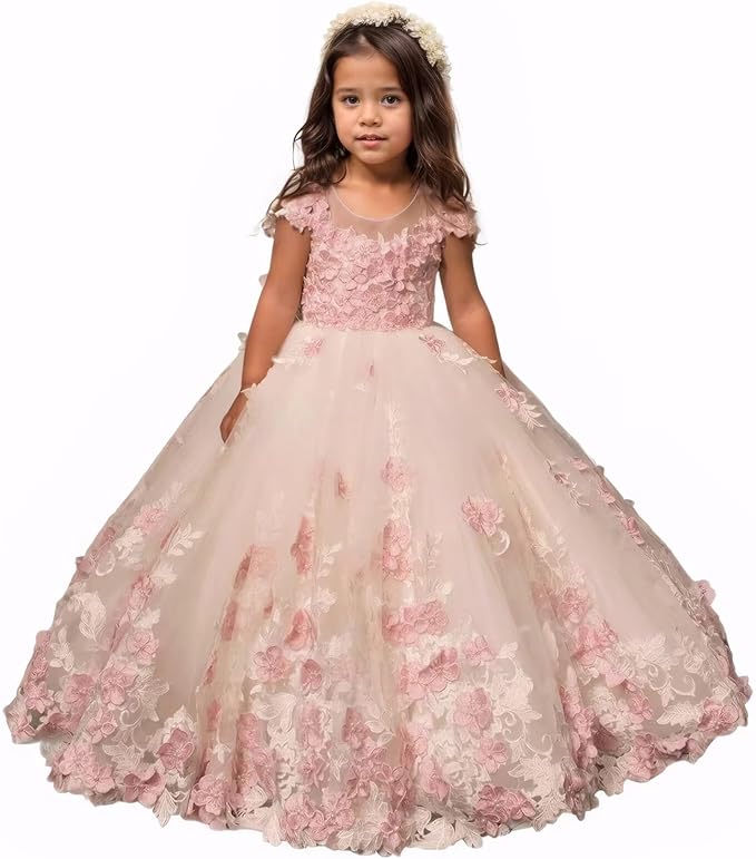 Blush Pink / 18m Sunnypetal Romantic Blush Floral Lace Tulle Flower Girl Ball Gown