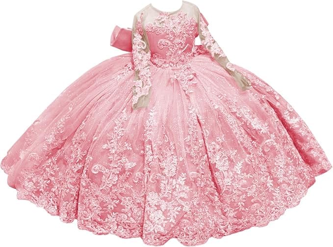Blush Pink / 18m Sunnypetal Sparkling Long Sleeve Lace Tulle Flower Girl Dress with Glitter Appliqué &amp; Bow