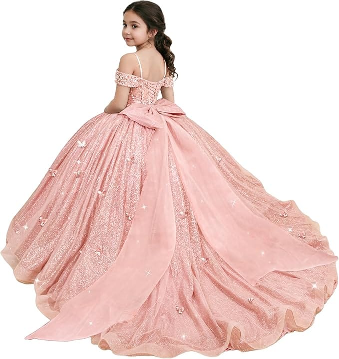 Blush Pink / 18m Sunnypetal Sparkling Off-Shoulder Glitter Tulle Flower Girl Dress with Oversized Bow