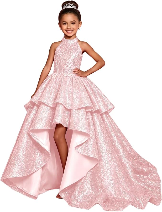 Blush Pink / 18m Sunnypetal Sparkly Sequin Halter High Low Flower Girl Dress Pageant Gown