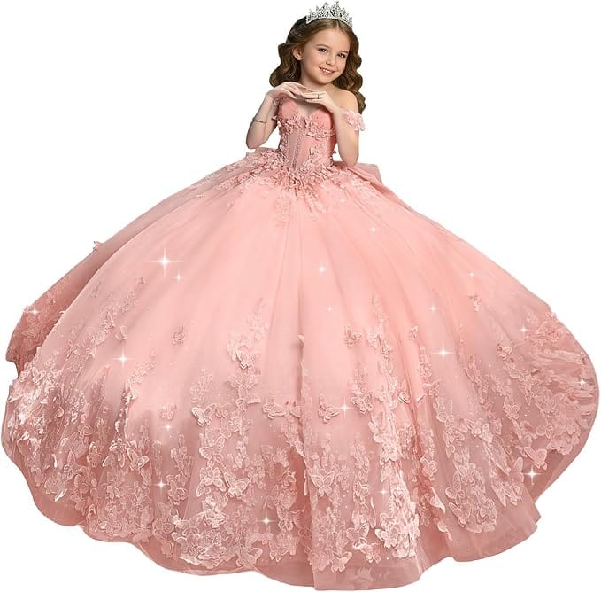Blush Pink / 18m Sunnypetal Sweetheart Neck 3D Butterfly Tulle Flower Girl Dress with Big Bow