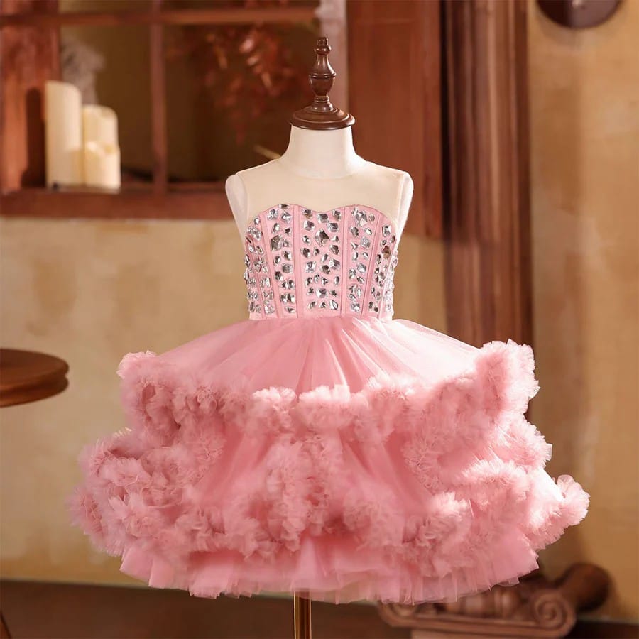 Blush Pink / 3m SunnyPetal Blush Pink Sparkling Crystal Bodice Ruffle Tulle Princess Party Dress