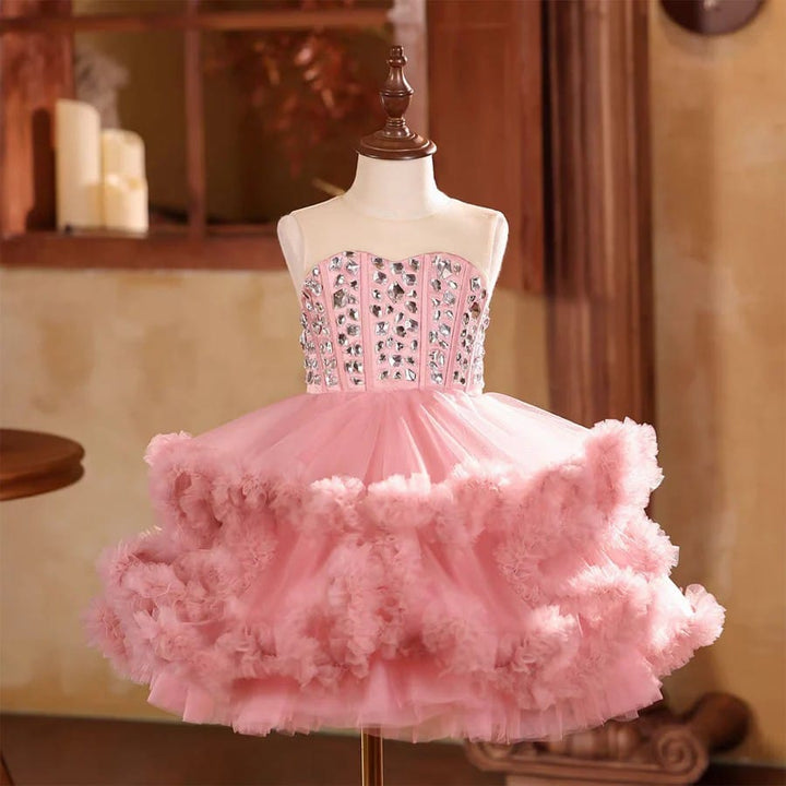 Blush Pink / 3m SunnyPetal Blush Pink Sparkling Crystal Bodice Ruffle Tulle Princess Party Dress