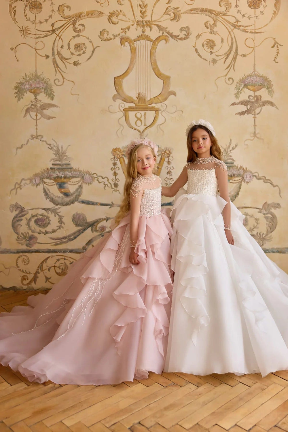 Blush Pink / 3m Sunnypetal Pearl Cascade Princess Layered Tulle Flower Girl & First Communion Dress