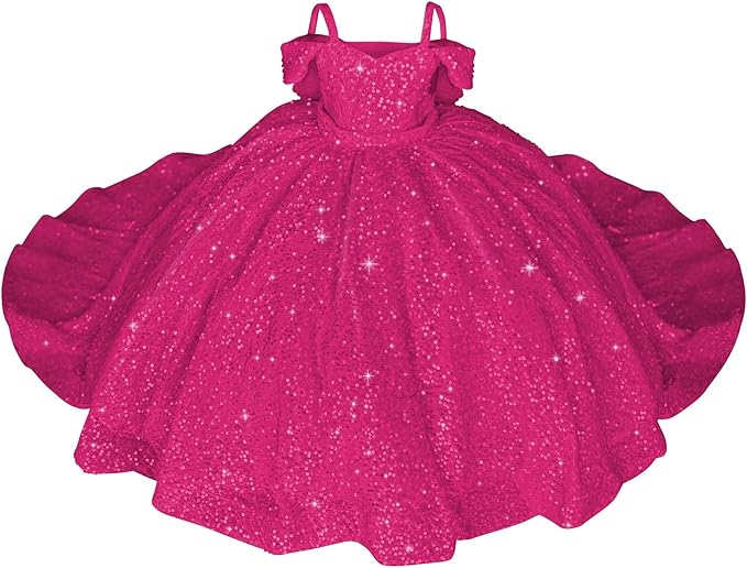 Bright Pink / 18m Sparkly Off-Shoulder Sequin Flower Girl Pageant Dress Princess Ball Gown with Bow